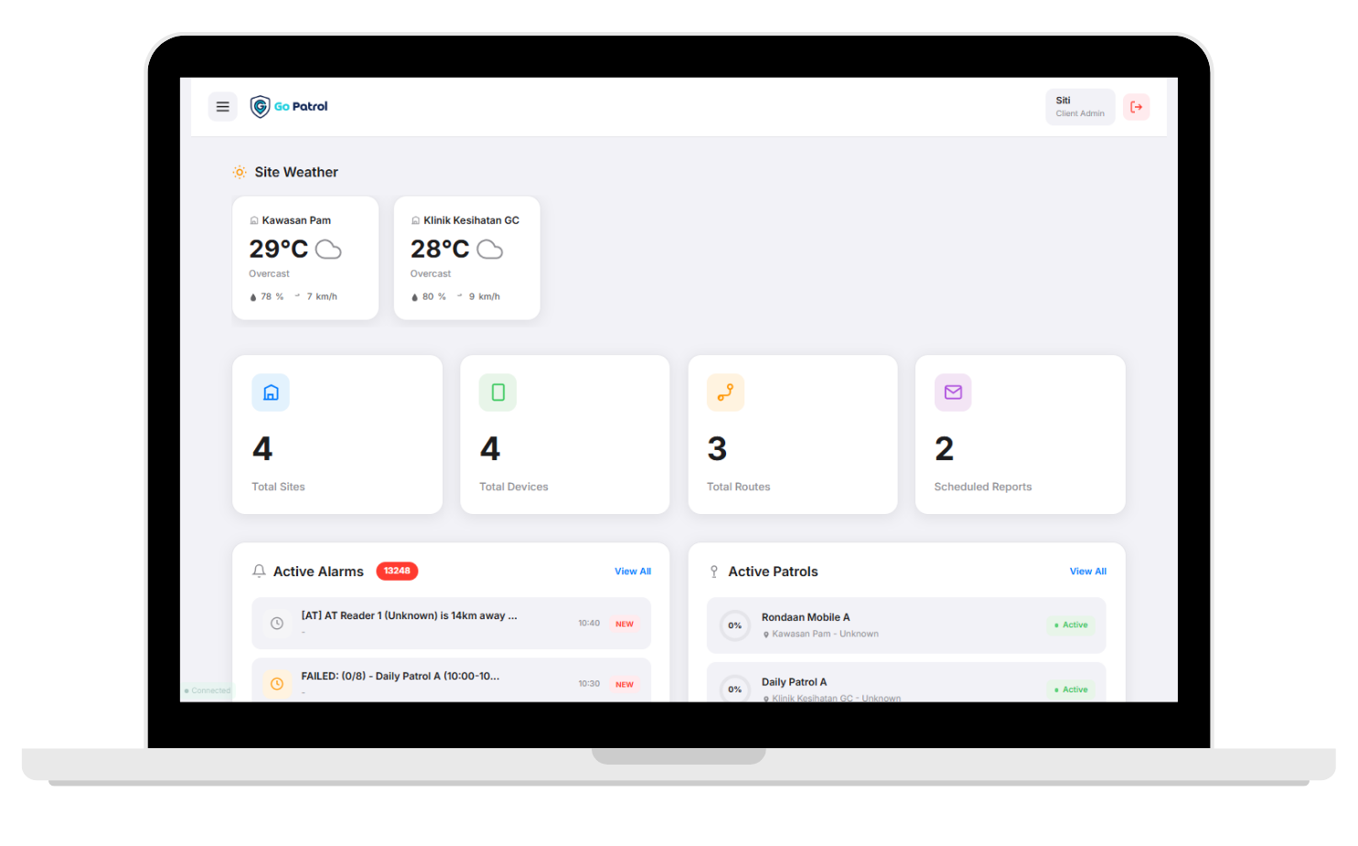 Go Patrol Dashboard — Real time security patrol management interface